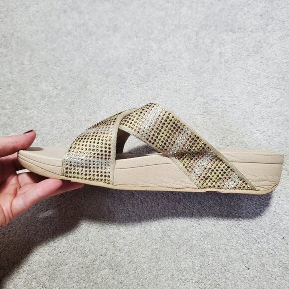 FITFLOP Slip-On Sequin Strobe Slide Sandals Stretch Beach Gold Silver Women's 11 - Picture 3 of 11